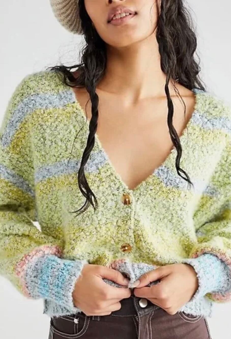 Free People Womens L Blue Gray Stripe Soulmate Button Up Knit Cardigan